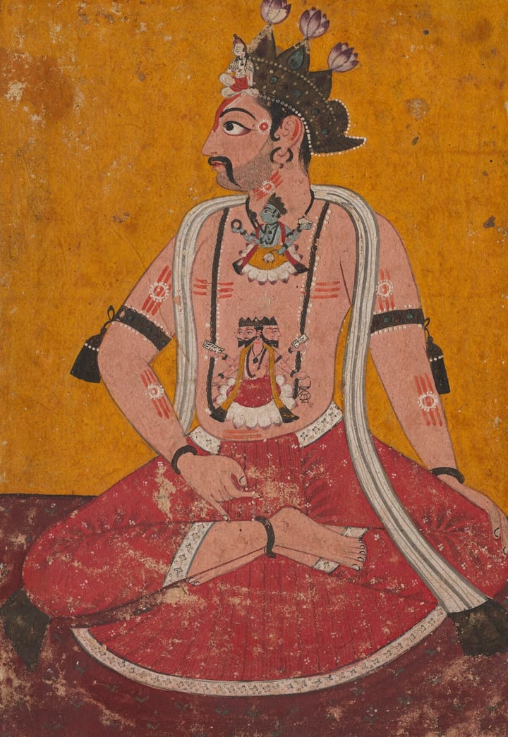 A 17th-century Pahari painting of Raja Mandhata seated cross-legged in a yogic posture, wearing a lotus crown, on a mustard background